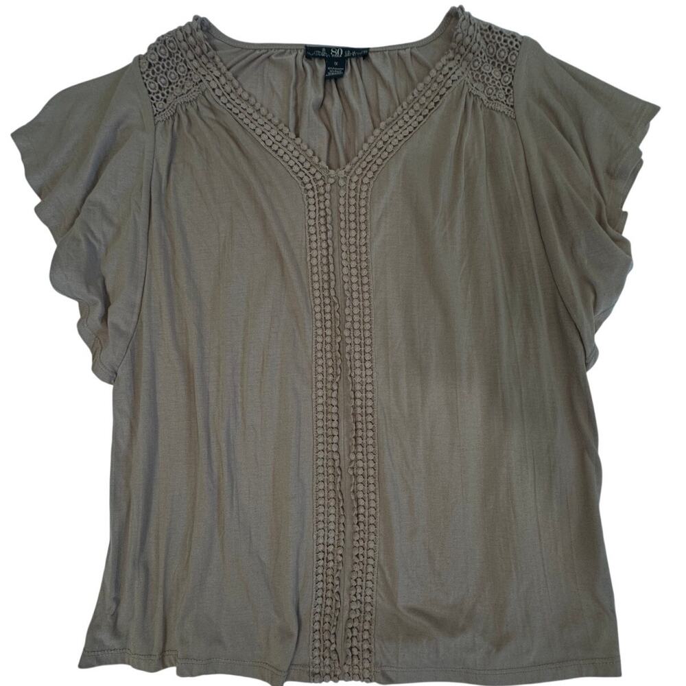 80 Park Taupe Crochet Trim Boho Top Size 1X